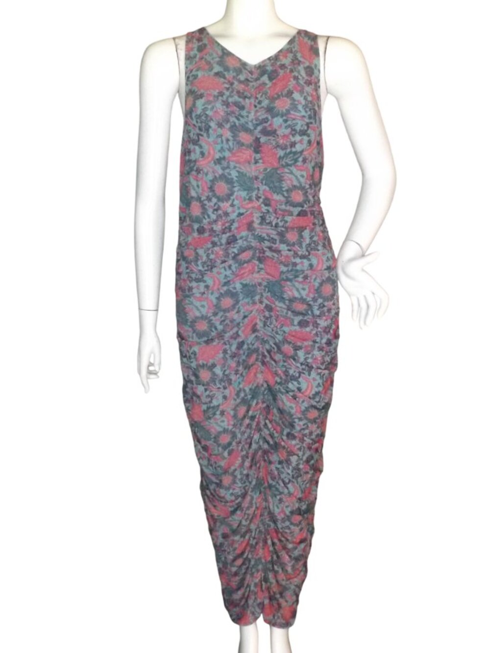 HOUSE OF HARLOW 1960 Maxi Dress, XL, Blue Floral, All Ruched, Sleeveless Bodycon
